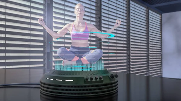 Una mujer holo yoga se proyecta con un proyector holo — Foto de Stock
