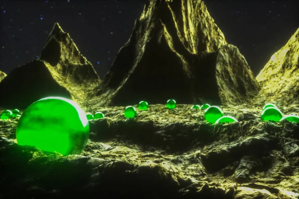 Bolas brilhantes verdes em um planeta alienígena (renderização 3d ) — Fotografia de Stock