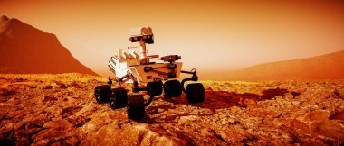 a mars rover explores the red planet (3d rendering) clipart