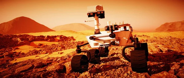 火星漫游者探索红色星球（3D渲染）) — 图库照片