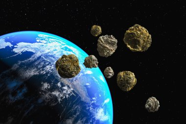 Gezegen Dünya 'ya giden asteroitler (3D rending. Bu görüntü ele alınıyor.