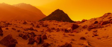 Kızıl Gezegen Mars 'ta taşlı bir çöl.)