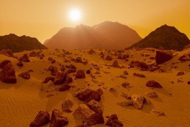 Kızıl Gezegen Mars 'ta taşlı bir çöl.)
