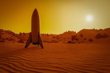 Mars 'ın kırmızı çölünde bir roket duruyor.)
