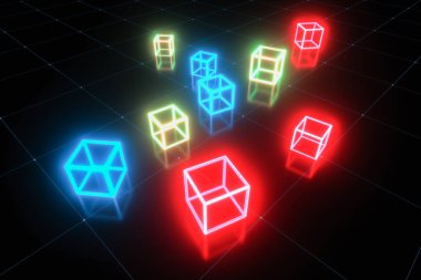 neon parlayan küplere sahip fütüristik bir arkaplan (3d görüntüleme)
