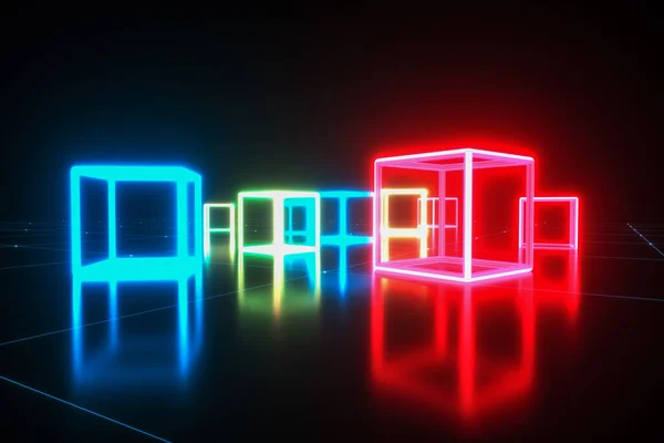 ネオン輝く立方体の未来的な背景 3Dレンダリング — ストック写真