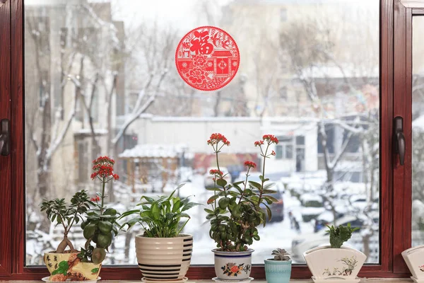 The Spring Festival couplets on the window