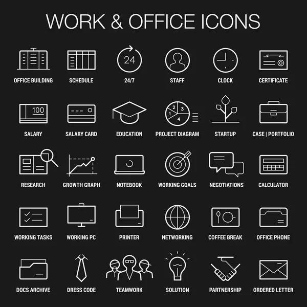 Conjunto de ícones de área de trabalho e escritório. Linhas finas e grossas. Branco em preto . —  Vetores de Stock