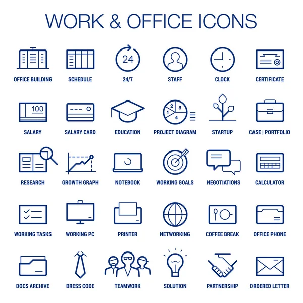 Conjunto de ícones de área de trabalho e escritório. Linhas finas e grossas. Azul sobre branco . —  Vetores de Stock