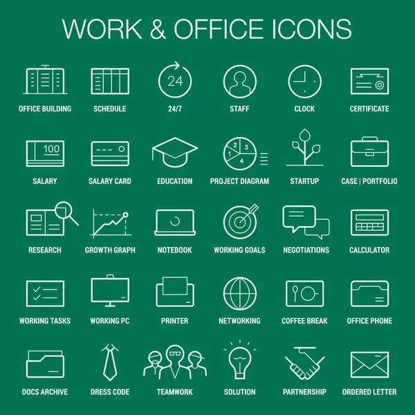 Conjunto de ícones de área de trabalho e escritório. Linhas finas e grossas. Branco em verde . —  Vetores de Stock