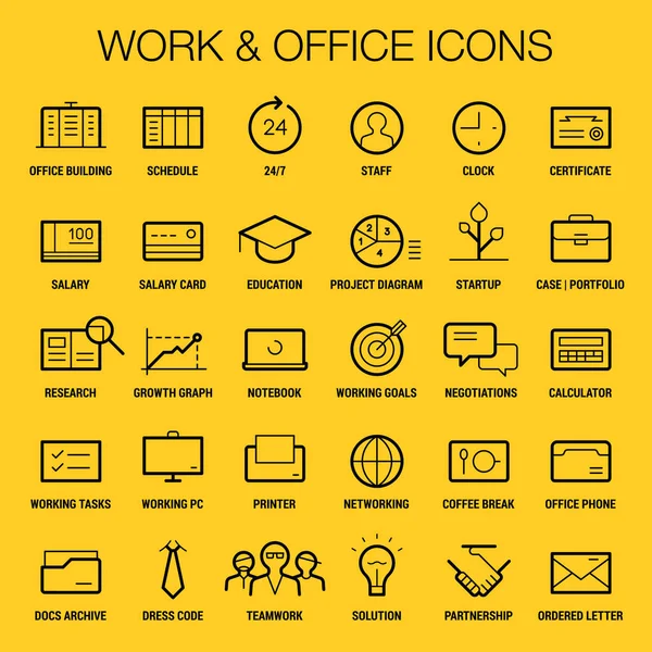Ikonok beállítása a munka és a hivatal. Vékony és vastag vonalakat. Fekete, sárga. — Stock Vector