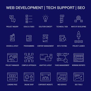 Web geliştirme. Teknik destek. SEO. Simgeler kümesi. Doğrusal. Gri mavi.