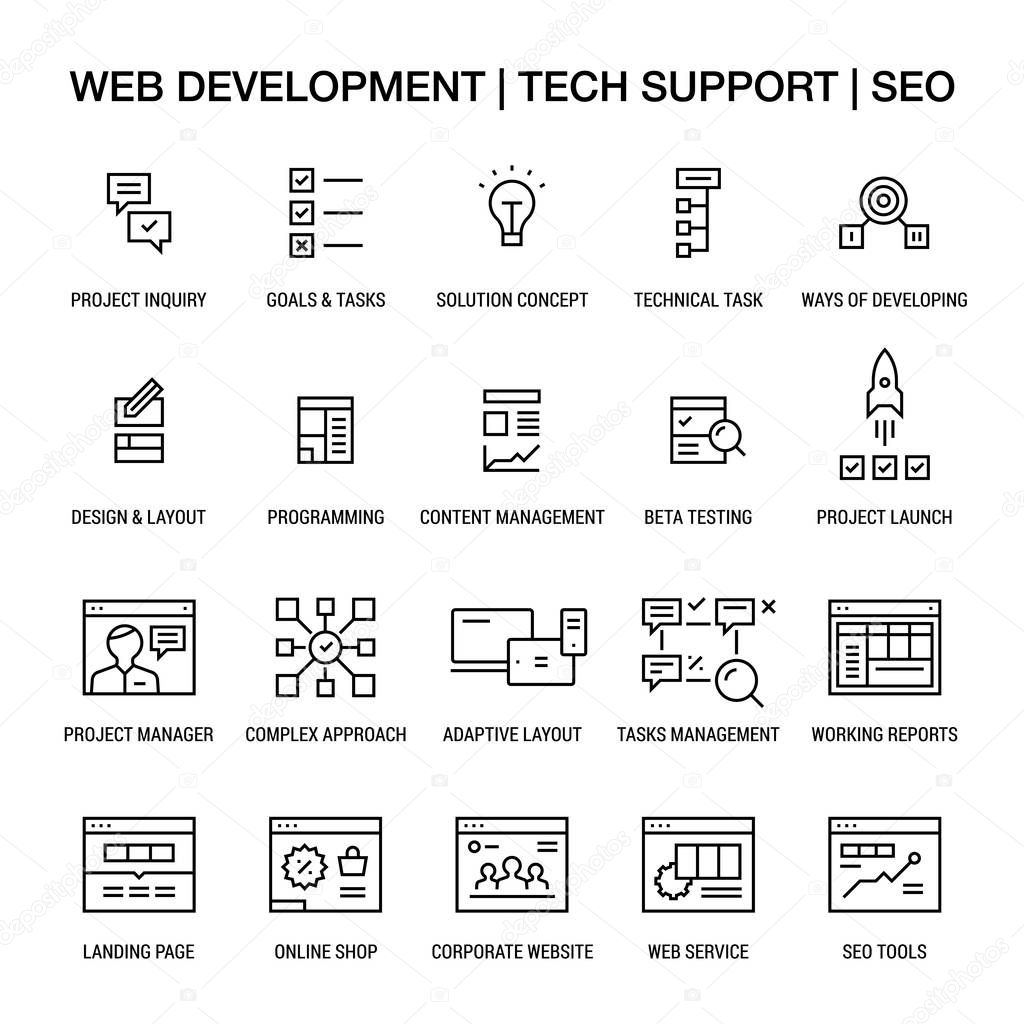 Web developing. Tech support. SEO. Icons set. Linear. Black on white.
