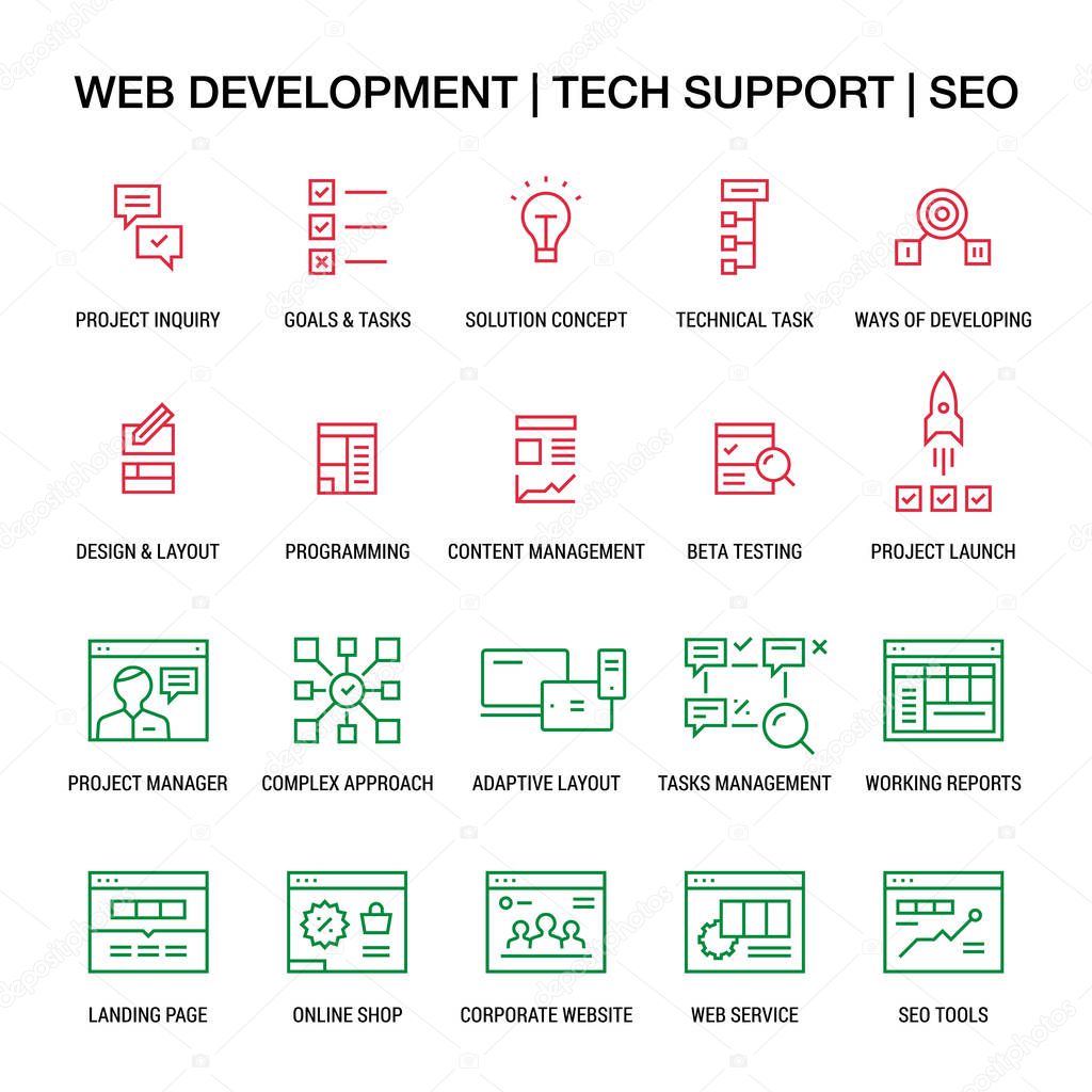 Web developing. Tech support. SEO. Icons set. Linear. Colored on white.