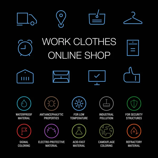 Ícones definidos para a loja online de roupas de trabalho. Linear. Colorido em preto . — Vetor de Stock