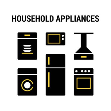 Ev aletleri Icons set. Büyük. Düz. Siyah ve sarı.