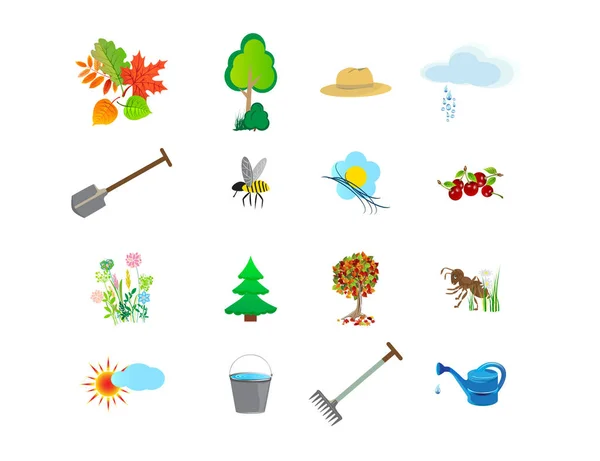 Gardening icon set, flat style. Garden and orchard collection tools and decoration, isolated on white background. Vector illustration — Stock Vector