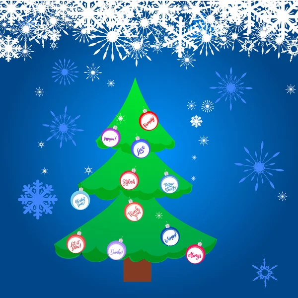 Caligrafía vectorial. cartel o tarjeta. Un árbol de Navidad verde sobre el fondo azul — Vector de stock