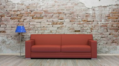 Kahverengi kanepe üzerinde tuğla duvar Vintage Oda 3d render