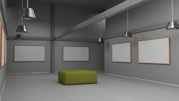 Interior con marcos de imagen en blanco 3d renderizado — Foto de Stock