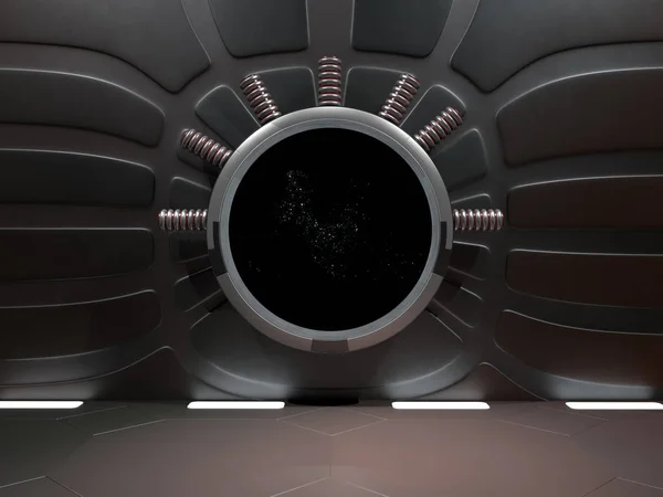 Fönstret Visa utrymme med nebula och stjärnor 3d-rendering — Stockfoto