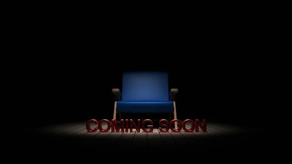 Stuhl in der Dunkelheit mit bald Zeichen 3D-Rendering — Stockfoto