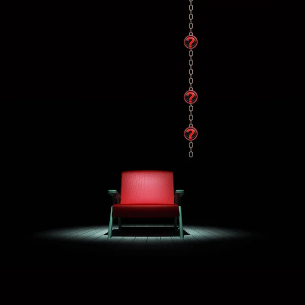 Cadeira no escuro com símbolos de ponto de interrogação 3D renderização — Fotografia de Stock