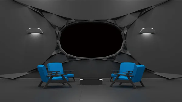 Interiör med tomma fönster isolerade på svart 3d rendering — Stockfoto