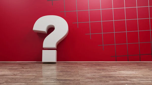 Punto interrogativo sul pavimento in legno e sullo sfondo rosso della parete. rendering 3d — Foto Stock