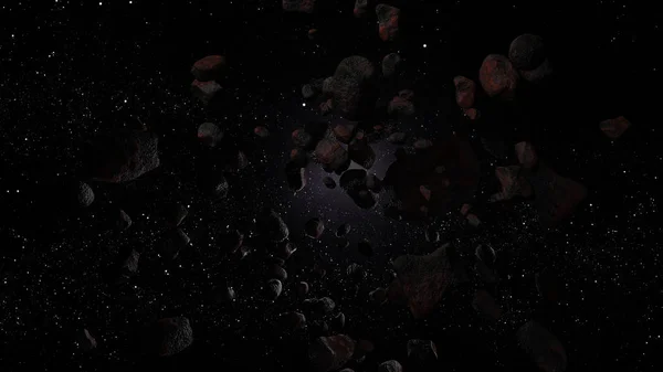 Uzayda 3d biçimlendirmedeki birçok asteroid — Stok fotoğraf