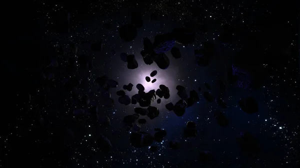 Uzayda 3d biçimlendirmedeki birçok asteroid — Stok fotoğraf