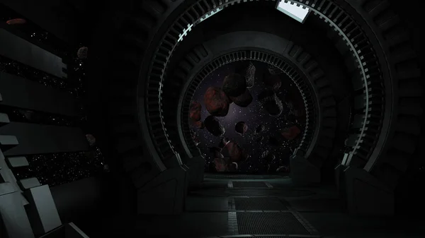 Corredor de ciencia ficción con vista de la galaxia espacial 3d renderizado —  Fotos de Stock