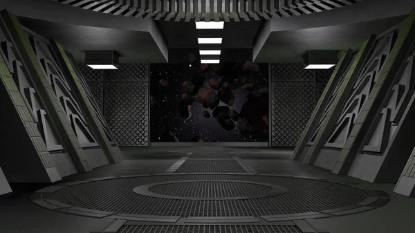 Sci fi  corridor with view of space galaxy 3d rendering — Stock Photo, Image