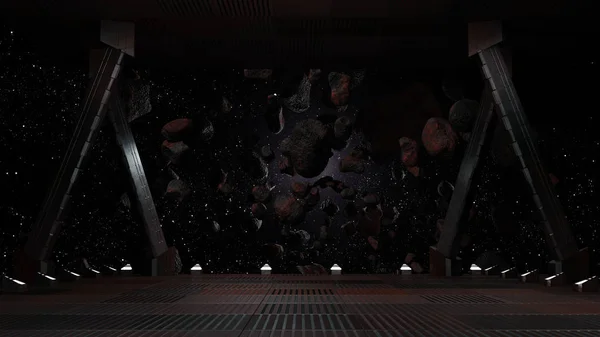 Corredor de ciencia ficción con vista de la galaxia espacial 3d renderizado — Foto de Stock