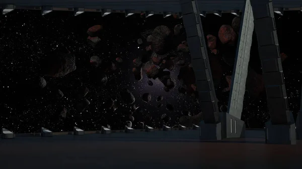 Sci fi korytarz z widokiem galaktyki 3d renderowania — Zdjęcie stockowe