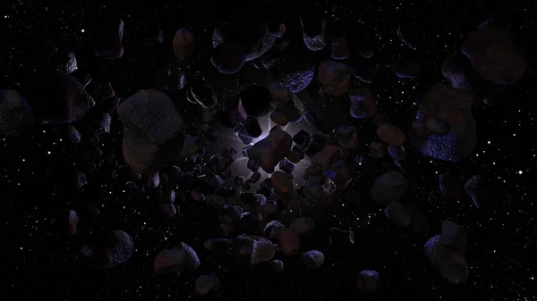 Molti asteroidi nello spazio rendering 3d — Foto Stock