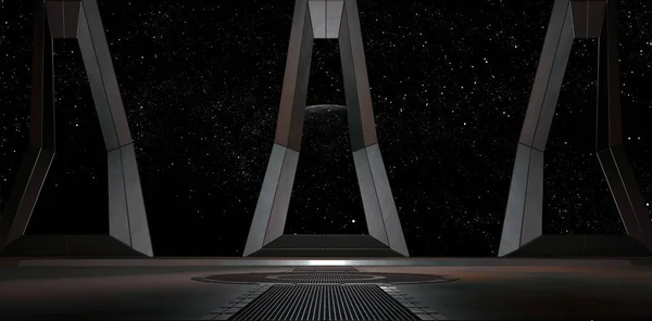 Sci fi  corridor with view of space galaxy 3d rendering — 스톡 사진
