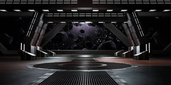 Sci Koridor Dengan Melihat Galaksi Ruang Rendering — Stok Foto