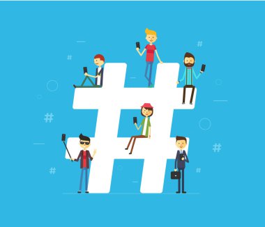 Mobil tablet ve akıllı telefon kullanan gençlerin hashtag kavramı çizimi
