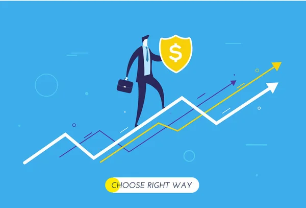 Empresário escalada gráfico, protege o escudo —  Vetores de Stock