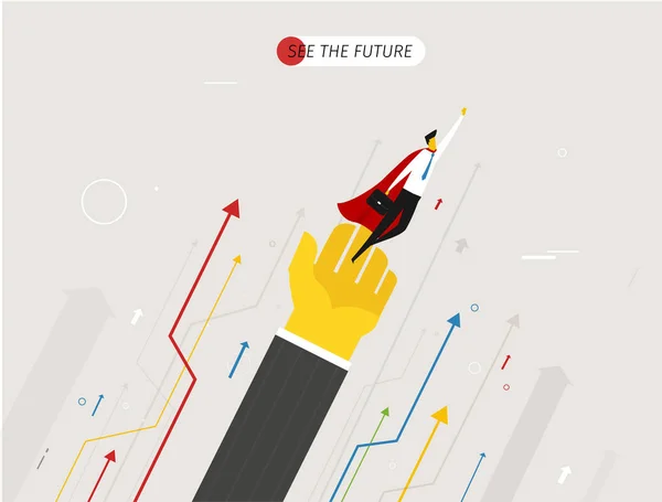 Superhéroe empresario volando mirando hacia el futuro . — Vector de stock