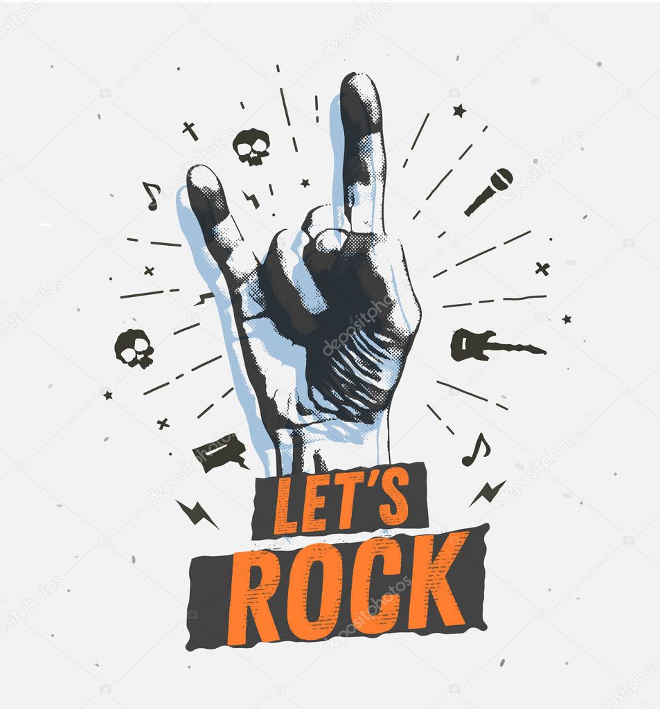 Monochrome antique hipster vintage label , badge, crest rock and roll for flyer poster logo or t-shirt apparel clothing print with lettering hand and lightning. Vector