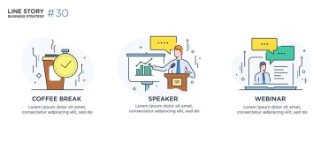 İş kavramı ile çizimler kavram kümesi. İş akışı, büyüme, grafik. Mola, dinlenme, sunum, online, okul. Doğrusal illüstrasyon simgeler infographics. Açılış sayfası sitesi baskı poster. Satır