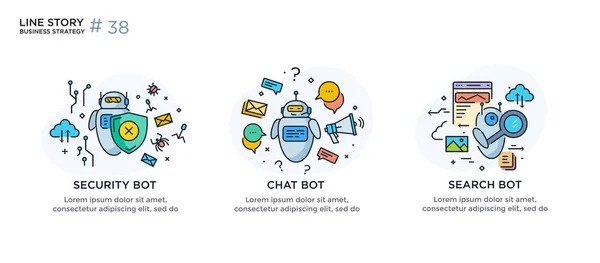 Uppsättning illustrationer koncept med affärsman. teknik, partnerskap, anslutning, affärsrobot, cyber. linjär illustration ikoner infografik. Tryckaffisch på landningssidan. Linjeberättelse — Stock vektor