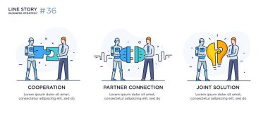 İşadamları ile illüstrasyon kavramı kümesi. teknoloji, ortaklık, bağlantı, iş robotu, kibes. doğrusal illüstrasyon Simgeler infographics. Açılış sayfası sitesi baskı posteri. Çizgi hikayesi