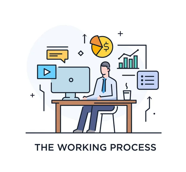 Empresário na interface de trabalho do monitor. Fluxo de trabalho, crescimento, gráficos. Desenvolvimento de negócios, marcos, start-up. ilustração linear Ícones infográficos. Cartaz de impressão de site de landing page. Linha —  Vetores de Stock