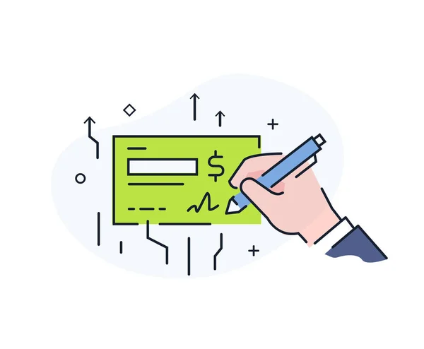 O empresário passa um cheque. Fluxo de trabalho, crescimento, gráficos. Desenvolvimento de negócios, marcos, start-up. ilustração linear Ícones infográficos. Cartaz de impressão de site de landing page. História da linha —  Vetores de Stock