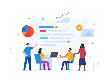 Birlikte çalışıyoruz. Dizüstü bilgisayar kullanan gençlerle iş konsepti. Çalışma akışı, büyüme, grafikler. İş geliştirme, kilometre taşları. Lilüstrasyon bilgi grafikleri. İniş sayfası baskı posteri