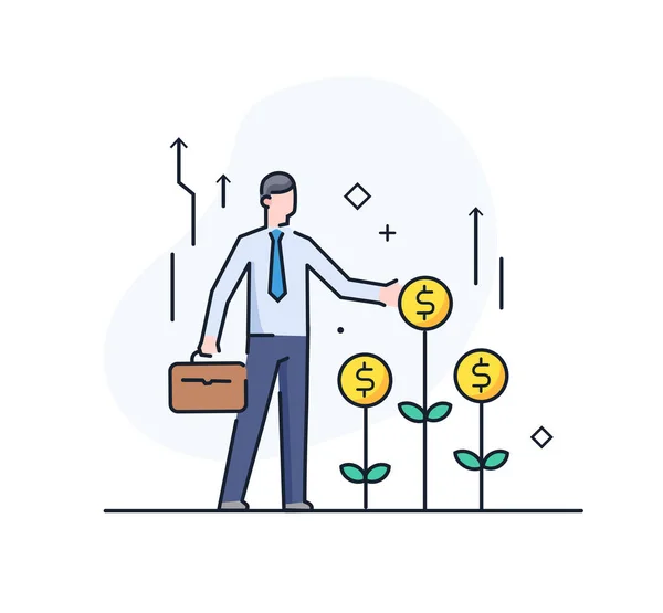 Businessman helps grow incomes. achievements. execution schedule. Success, growth rates. Line icon illustration — Stock Vector