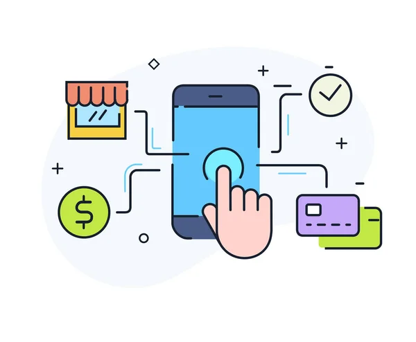 Mobile Commerce, Online-Shopping. Ziele zu erreichen, Stolz. Erfolg. Zeilensymbol-Illustration — Stockvektor